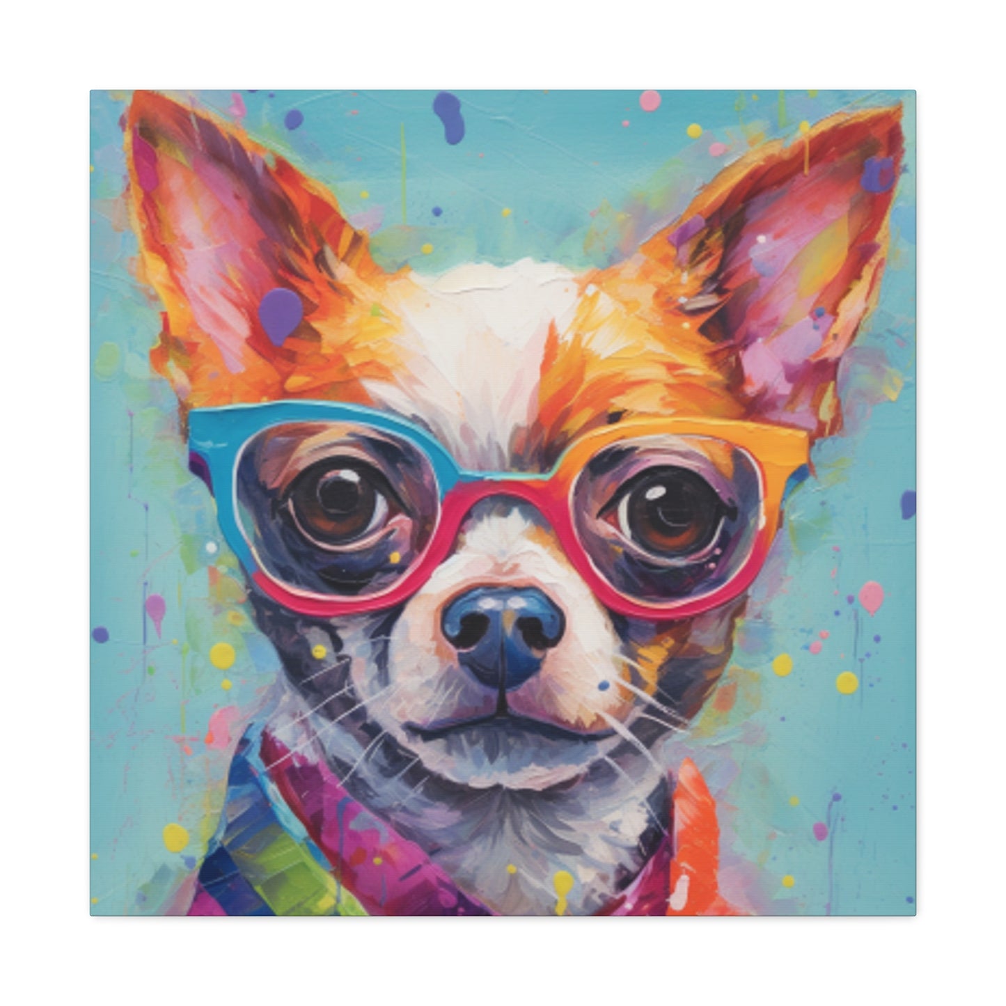 Sweet Chihuahua In Multi Colored Glasses, Paint Drops- Large Wall Art