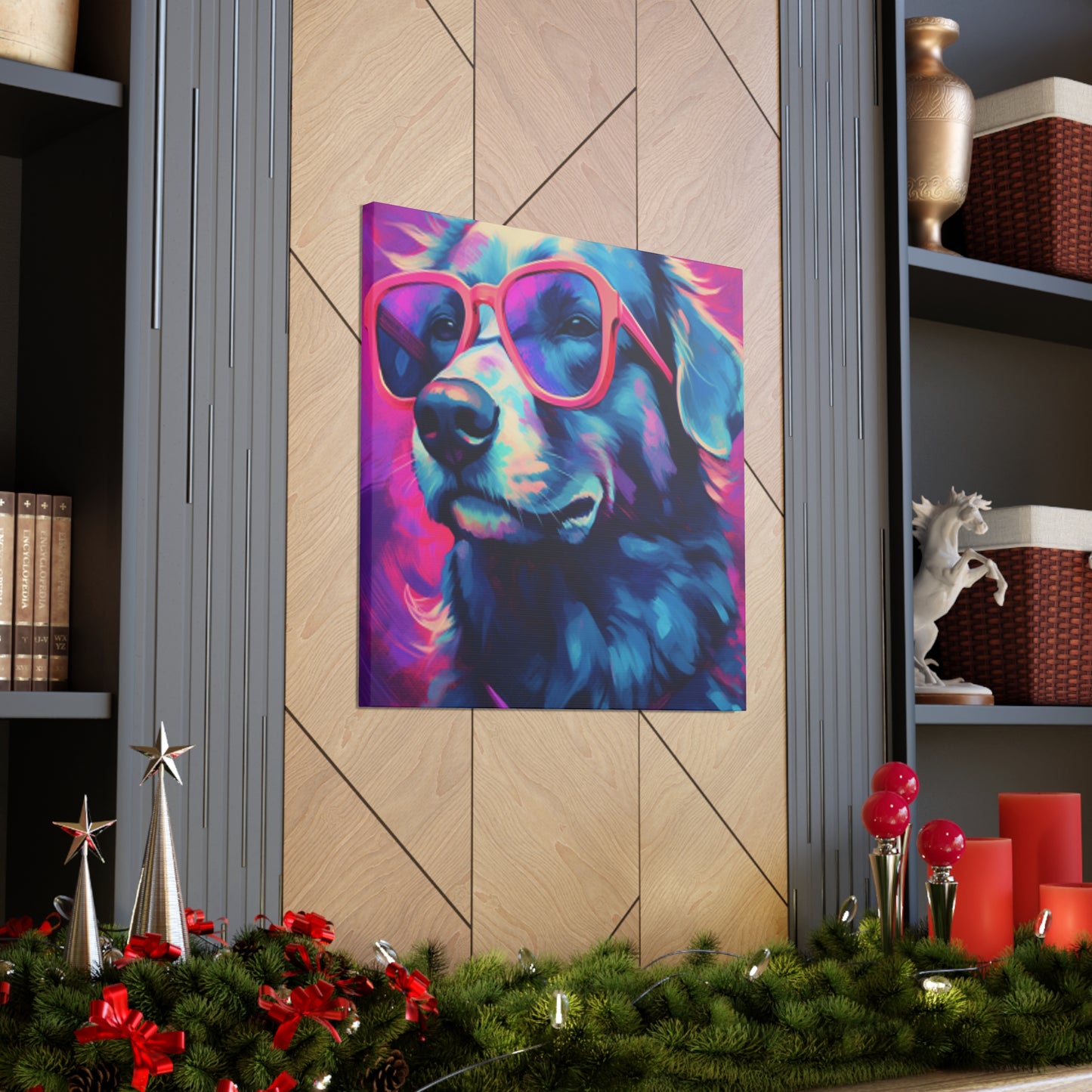 Blue And Purple Dog With Purple Background In Pink Glasses- Large Wall Art