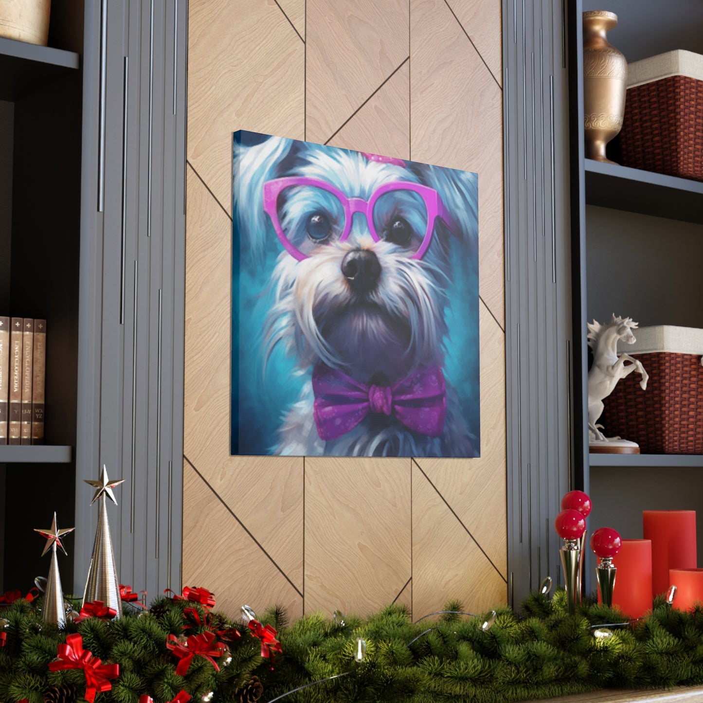 Cute Doggy In Pink Glasses, Bow Tie And Scrunchie - Large Wall Art