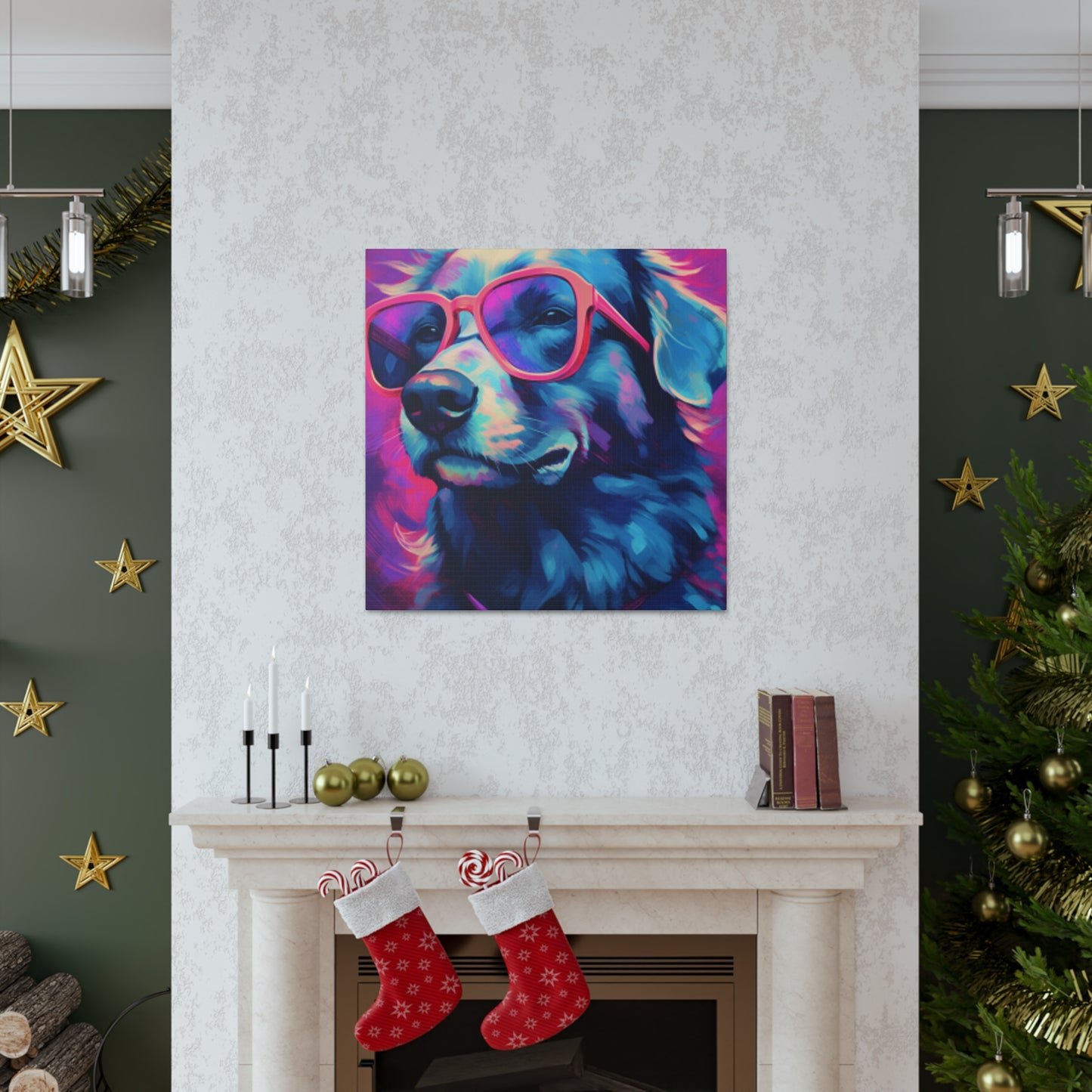 Blue And Purple Dog With Purple Background In Pink Glasses- Large Wall Art