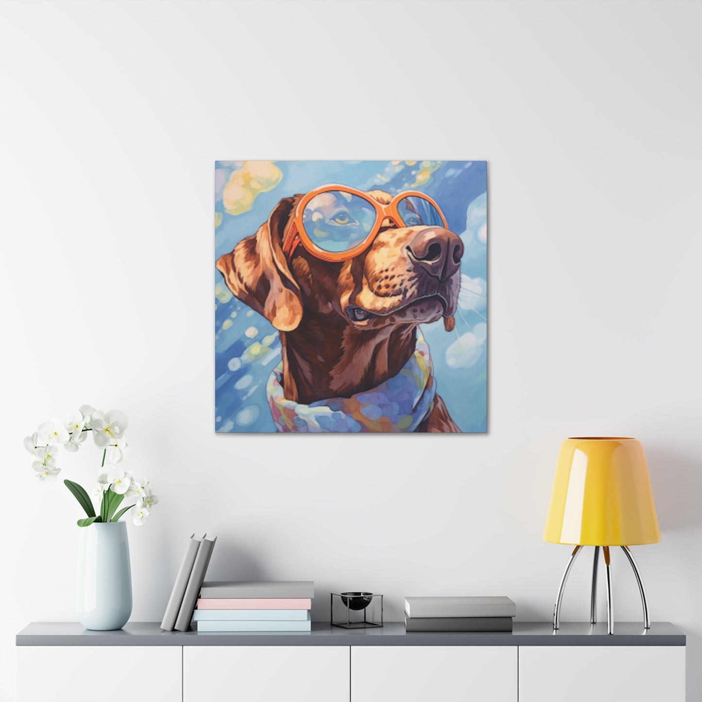 Brown Dog In Yellow Glasses With Blue Sky- Large Wall Art