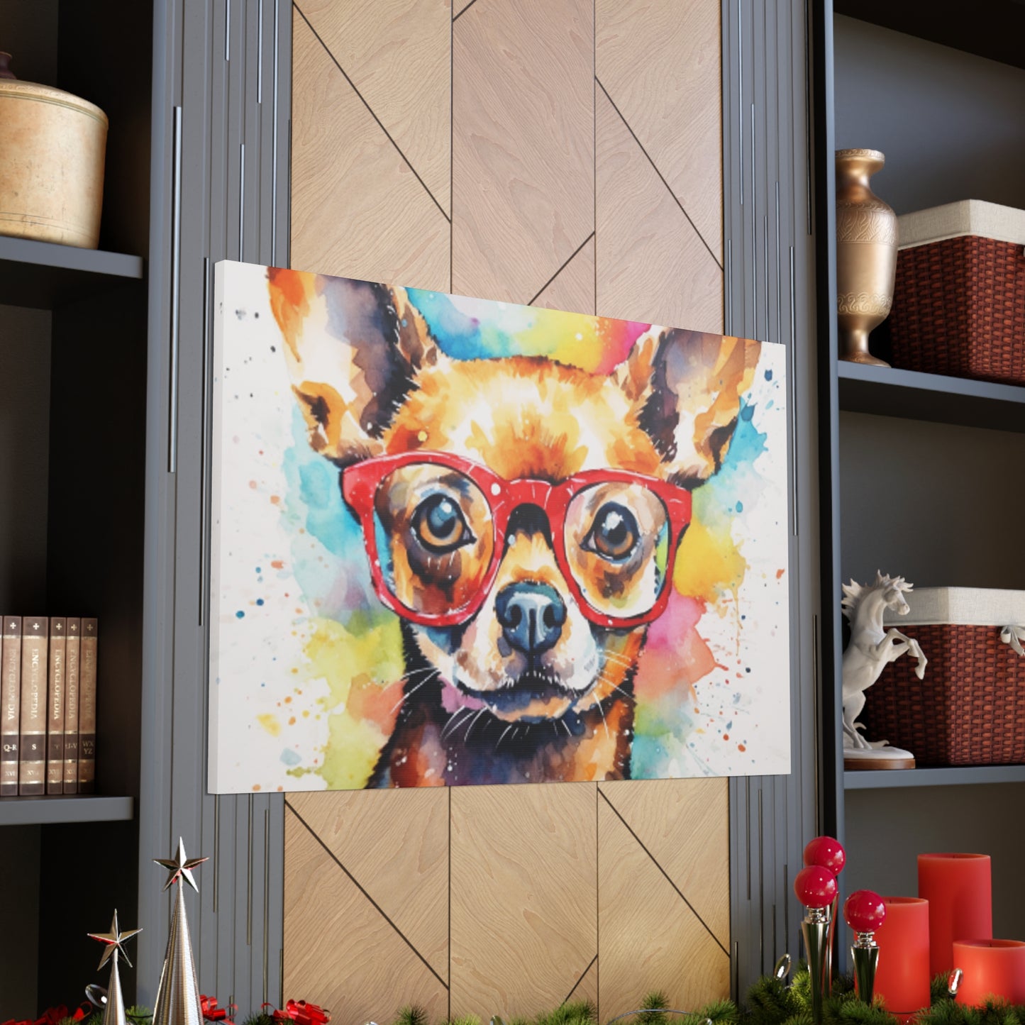 Painting Of A Brown Chihuahua In Glasses, Multi Colored Water Paint Background - Large Wall Art