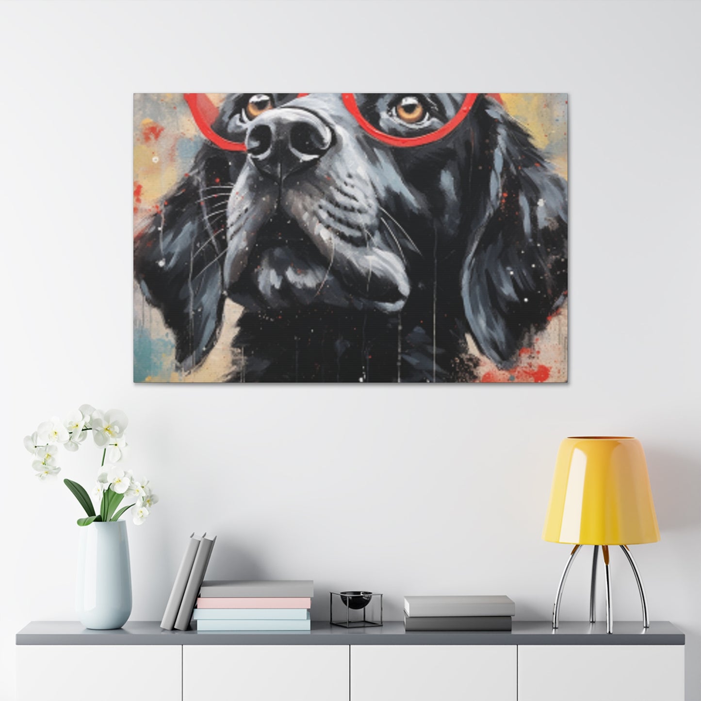 Black Dog In Red Glasses And Red Collar  - Large Wall Art