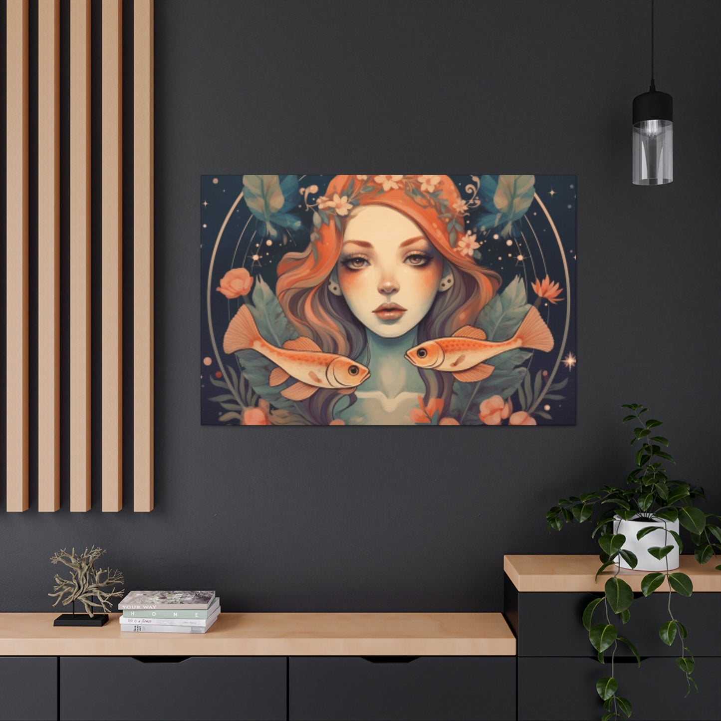 Peaceful, Lofi,  Pisces Fish Girl With Boho Flowers - Large Wall Art