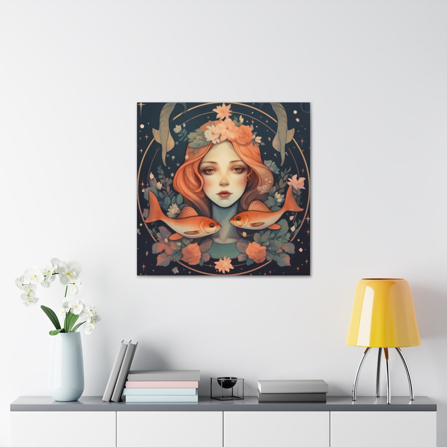 Lofi, Peaceful Pisces Fish Girl With Flowers - Large Wall Art