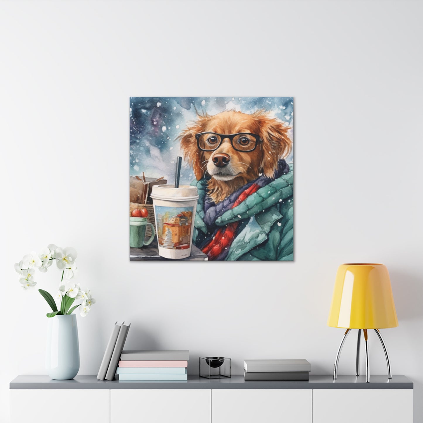 Dog In Glasses Taking A Lunch Break In The Snow- Large Wall Art