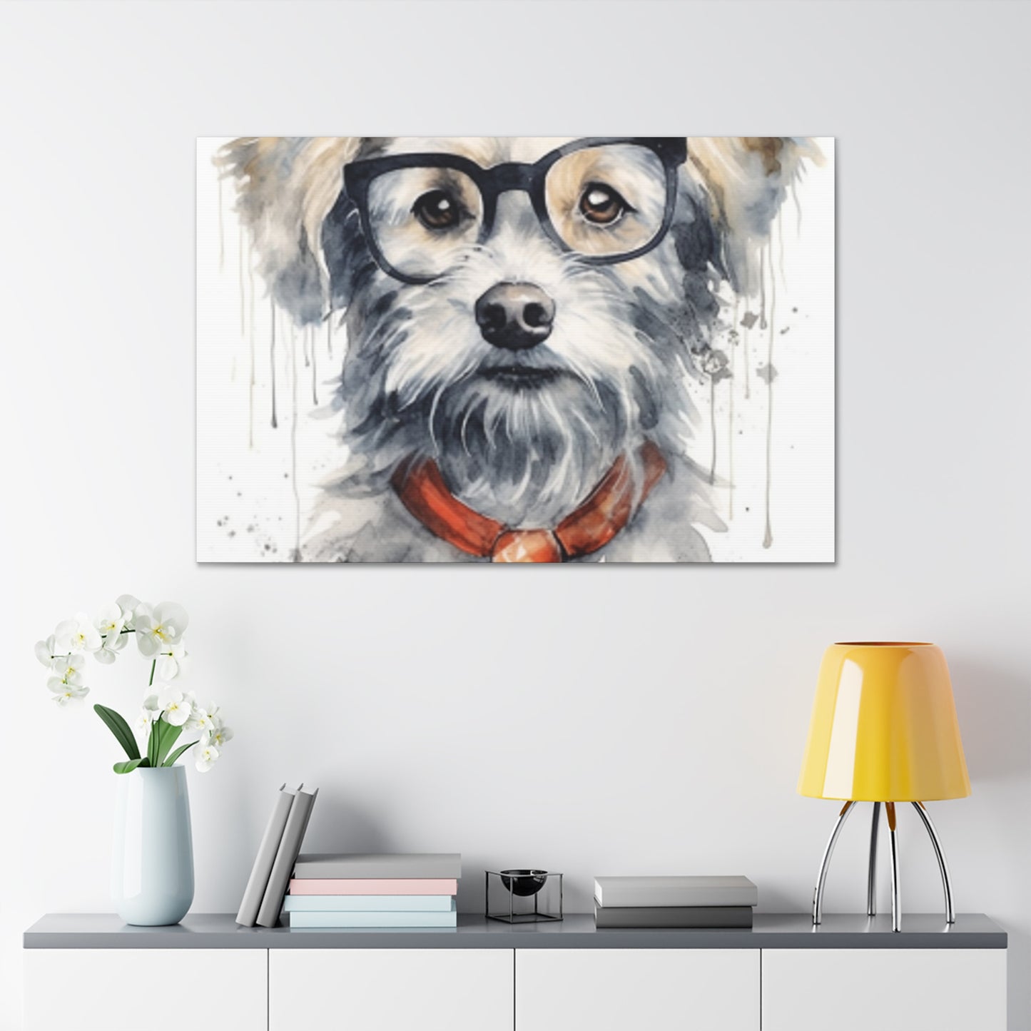 White Dog, Black Glasses, Orange Tie- Large Wall Art