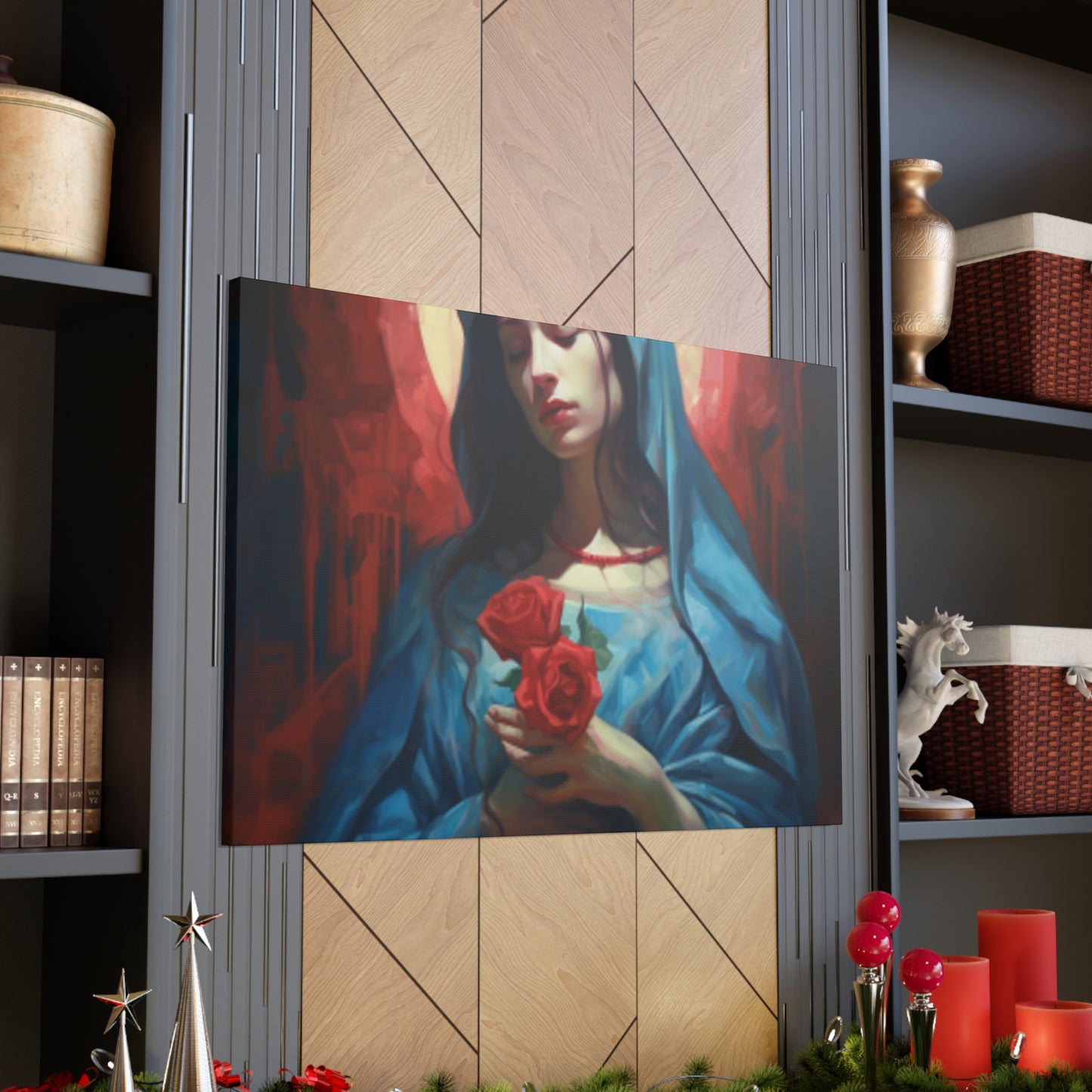 The Virgin Mary With Roses And Golden Glow- Large Wall Art