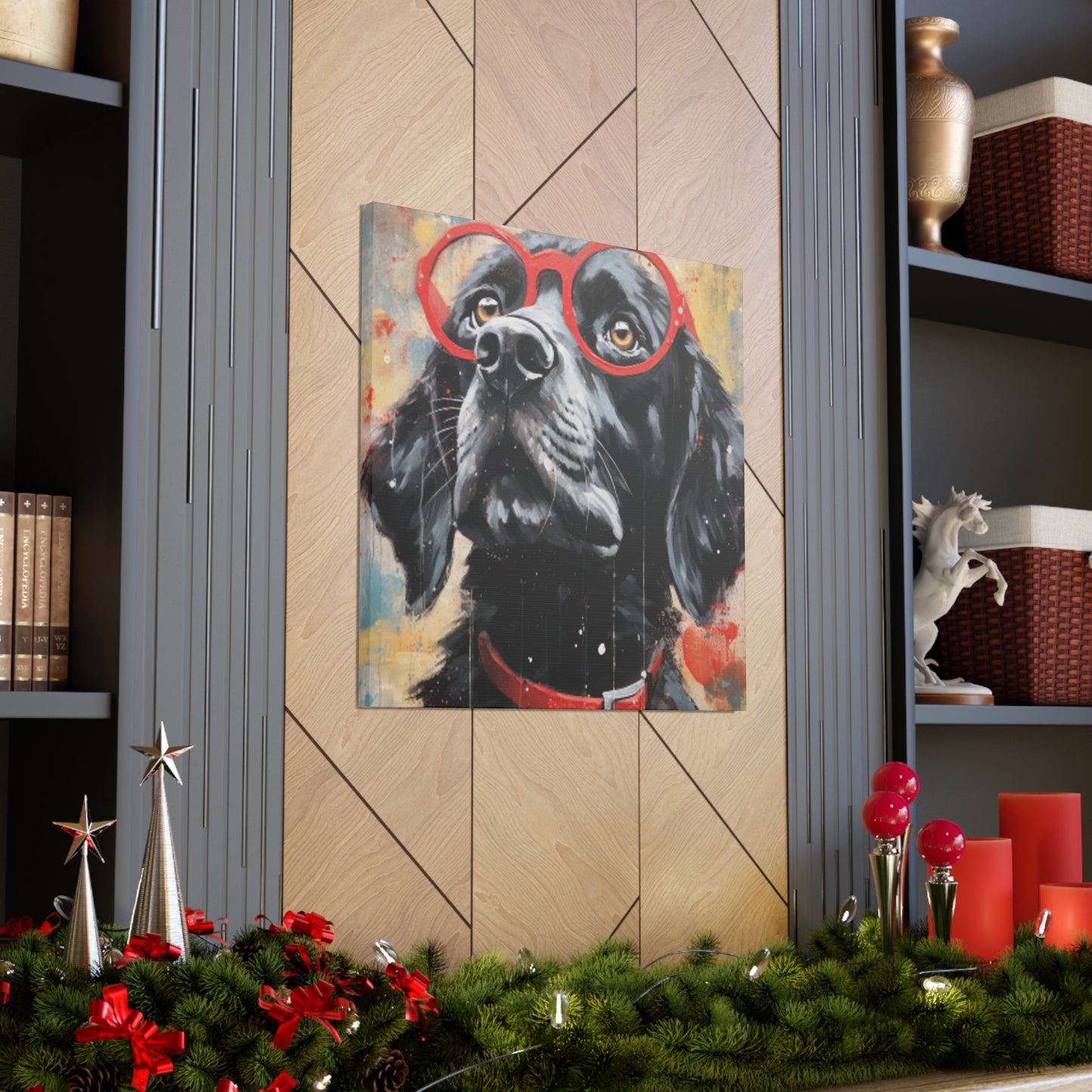 Black Dog In Red Glasses And Red Collar  - Large Wall Art