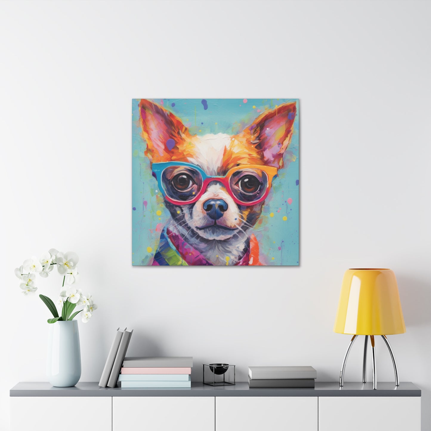 Sweet Chihuahua In Multi Colored Glasses, Paint Drops- Large Wall Art