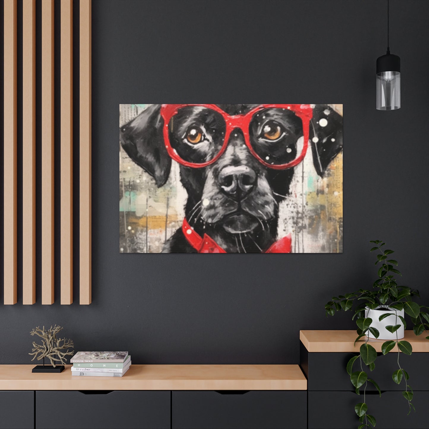 Black Dog, Red Glasses And Red Bow Tie - Large Wall Art