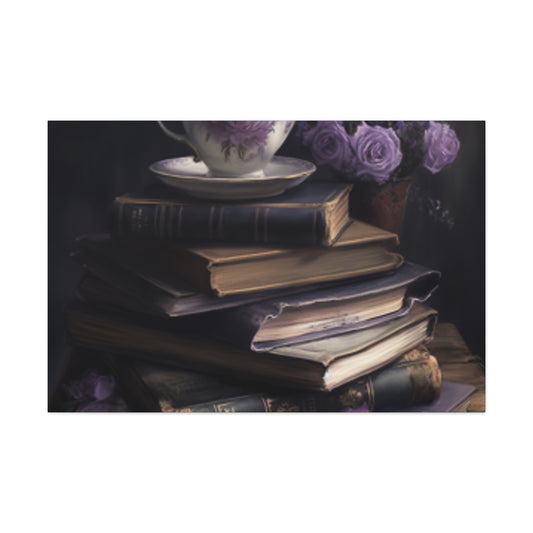 Purple Roses, Teapot And Books - Large Wall Art