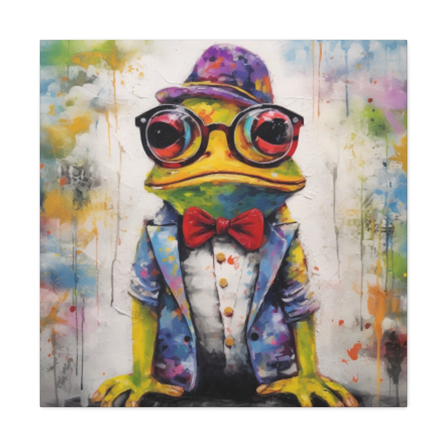 Green Frog Painting In Glasses And Red Bow Tie- Large Wall Art