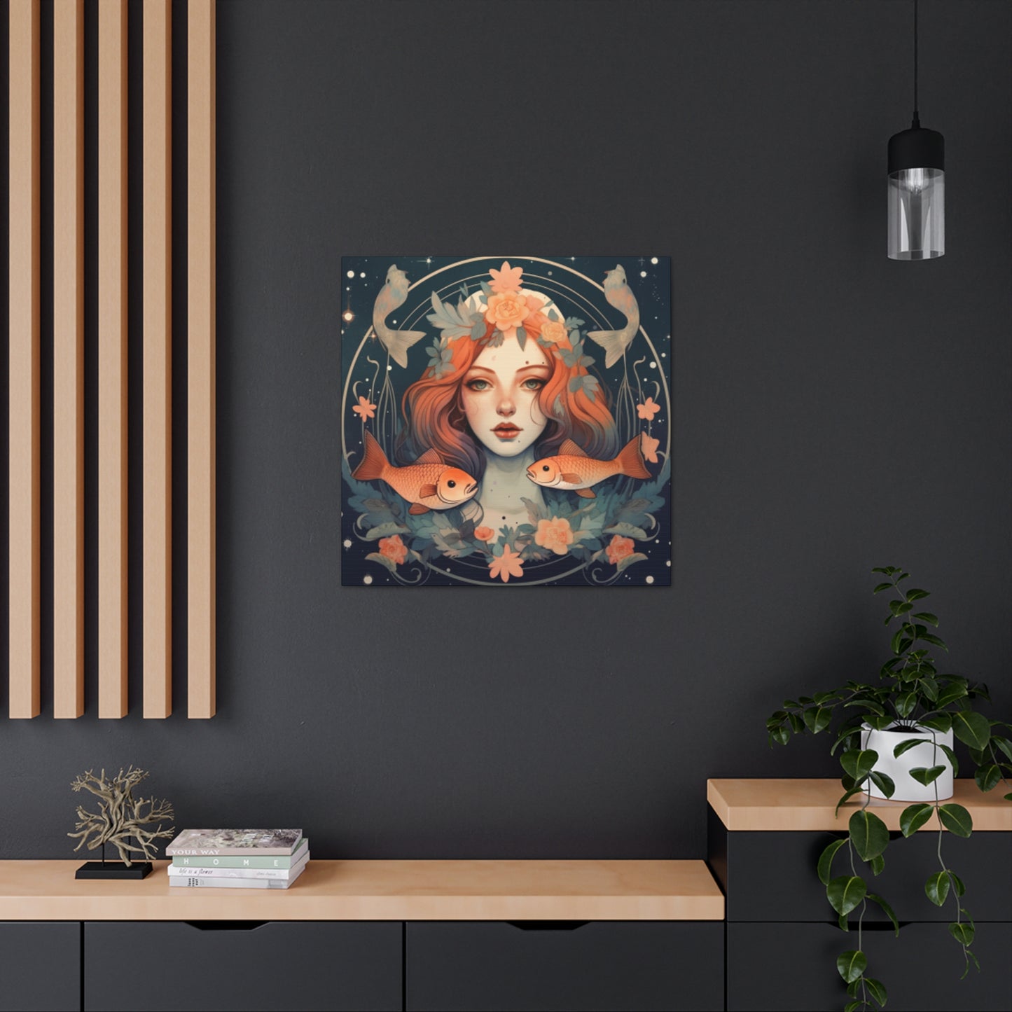 Astrology, Lofi, Peaceful Pisces Girl And Fish - Large Wall Art