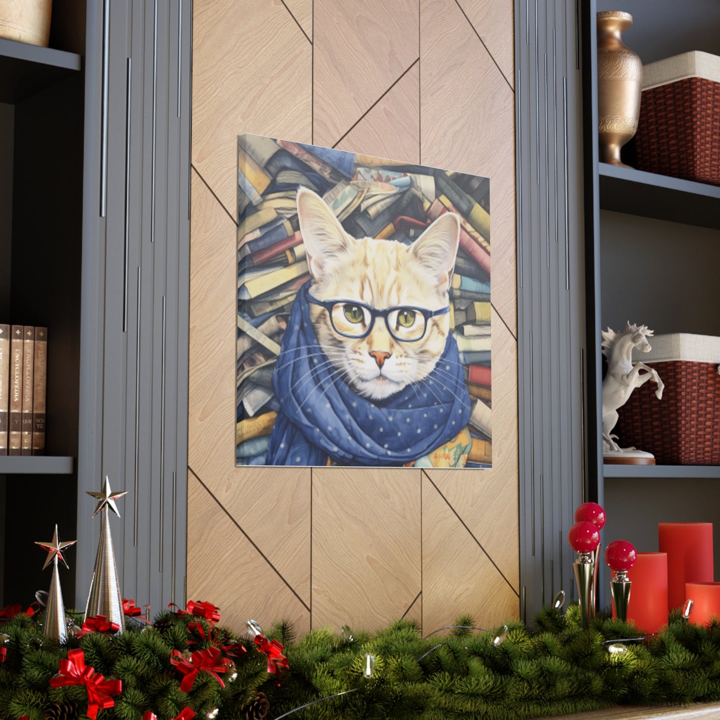 Bookworm Kitty With Glasses And Scarf - Large Wall Art