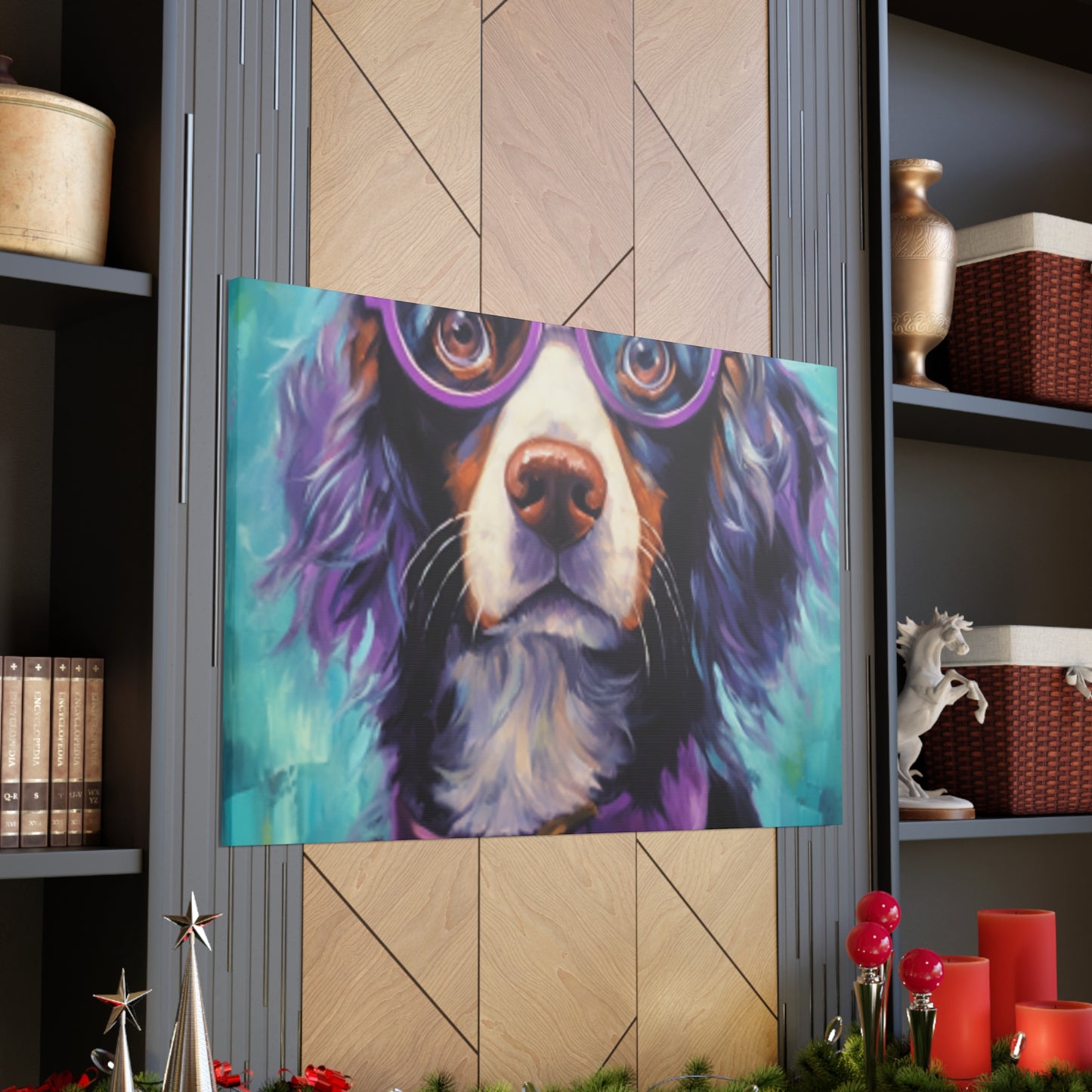 Purple Glasses And Collar On Dog- Large Wall Art