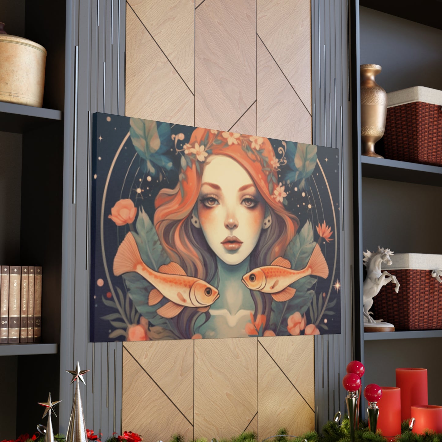 Peaceful, Lofi,  Pisces Fish Girl With Boho Flowers - Large Wall Art