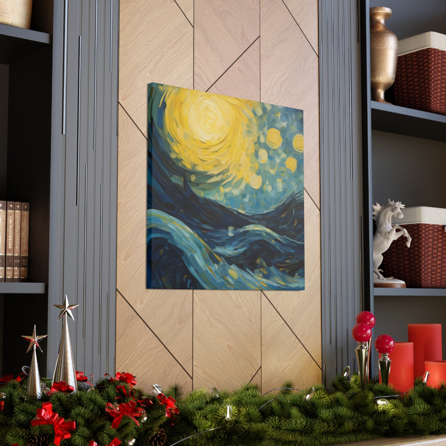 Waves And Full Moon Starry Night Style- Large Wall Art