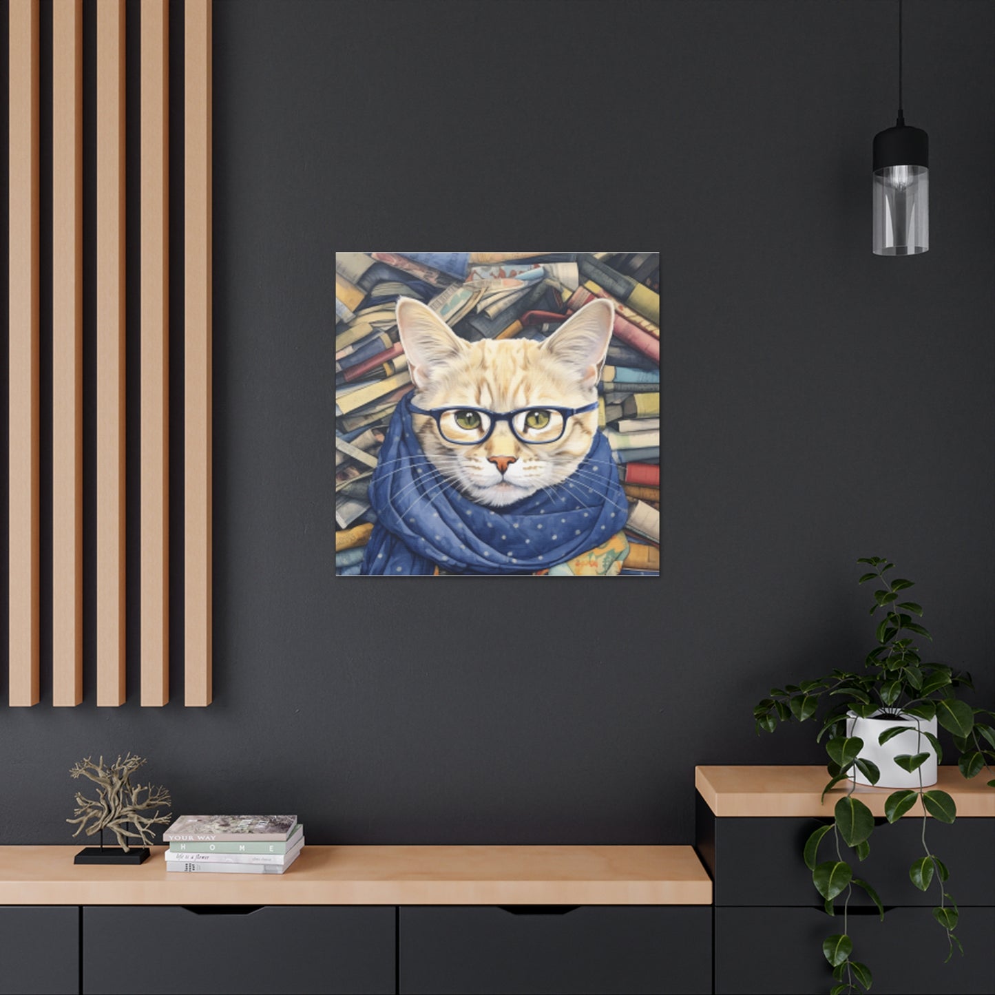 Bookworm Kitty With Glasses And Scarf - Large Wall Art