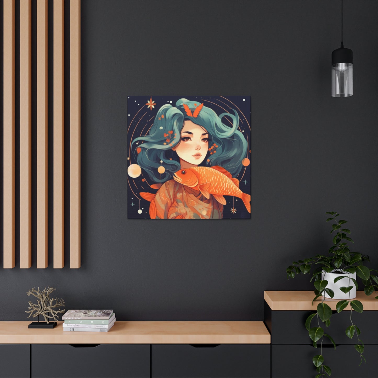 Lofi Style Girl And Her Fish, Pisces - Large Wall Art