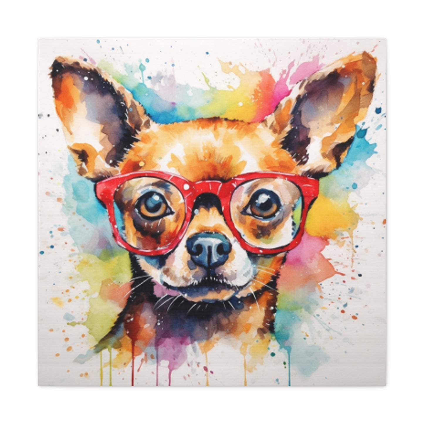 Painting Of A Brown Chihuahua In Glasses, Multi Colored Water Paint Background - Large Wall Art