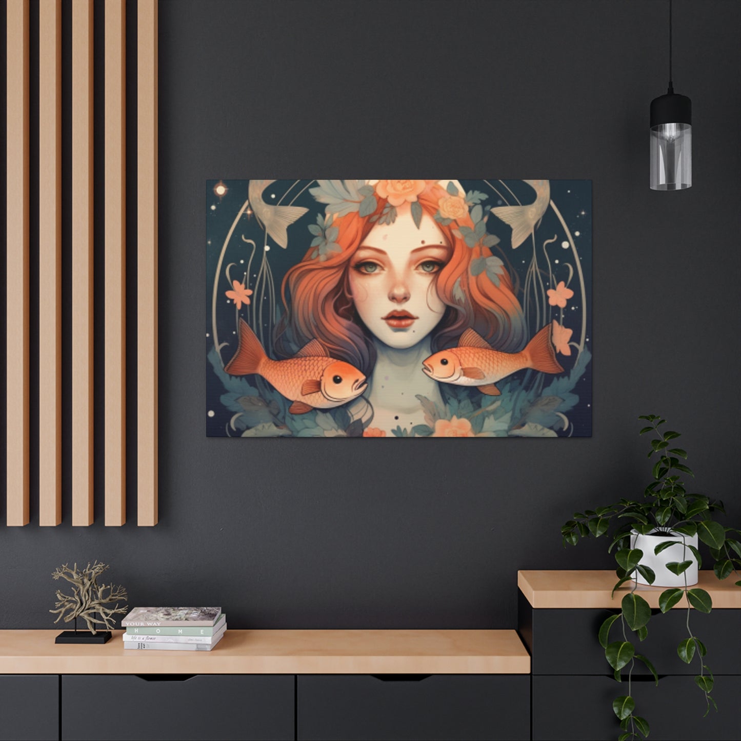 Astrology, Lofi, Peaceful Pisces Girl And Fish - Large Wall Art