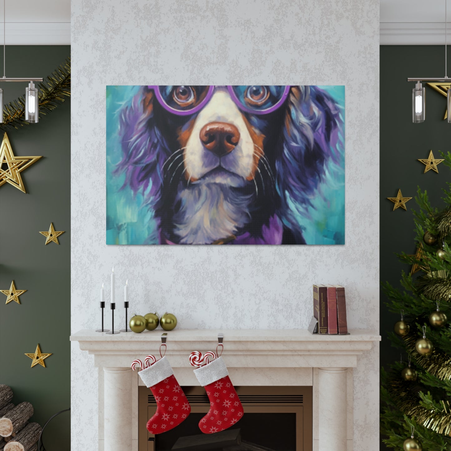 Purple Glasses And Collar On Dog- Large Wall Art