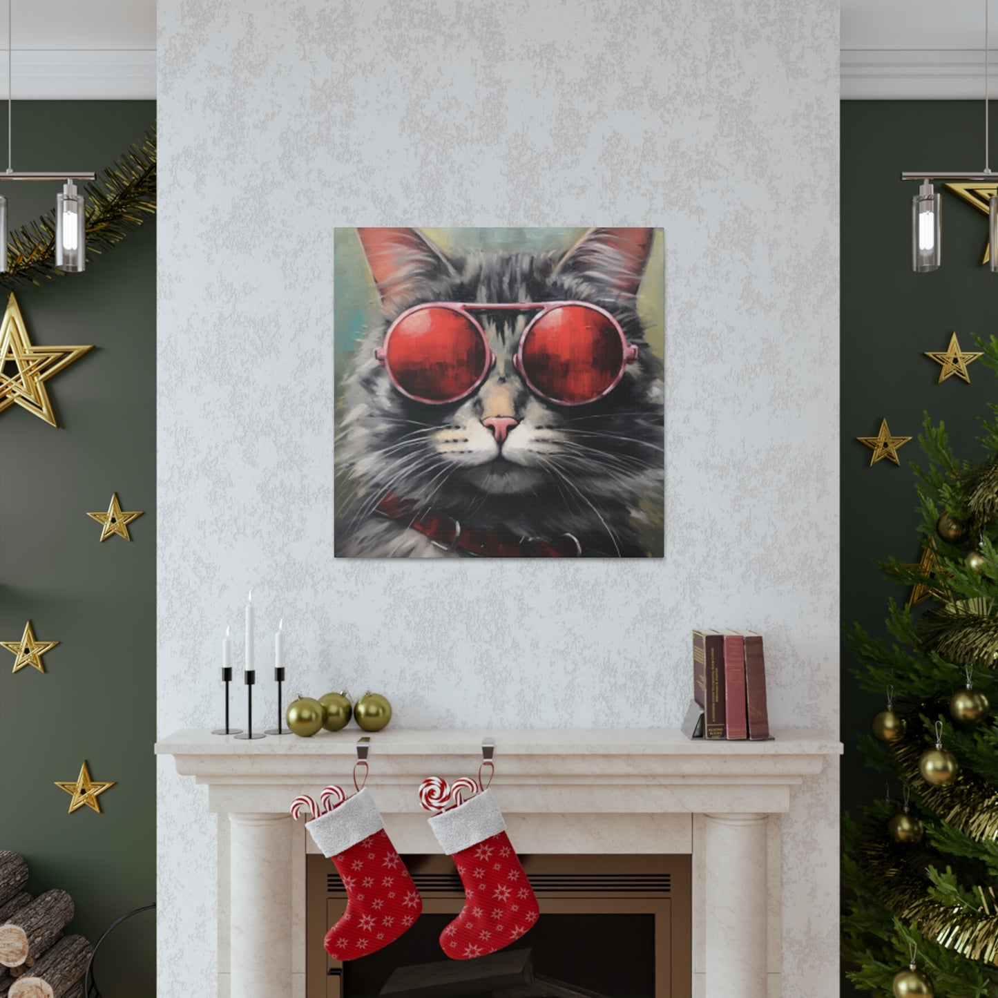 Red Shades On Fluffy Tabby Cat - Large Wall Art