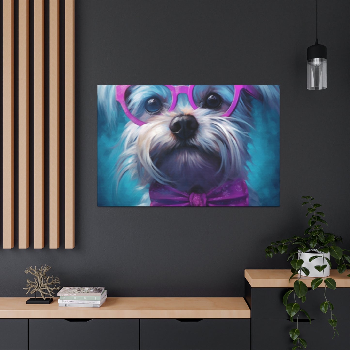 Cute Doggy In Pink Glasses, Bow Tie And Scrunchie - Large Wall Art