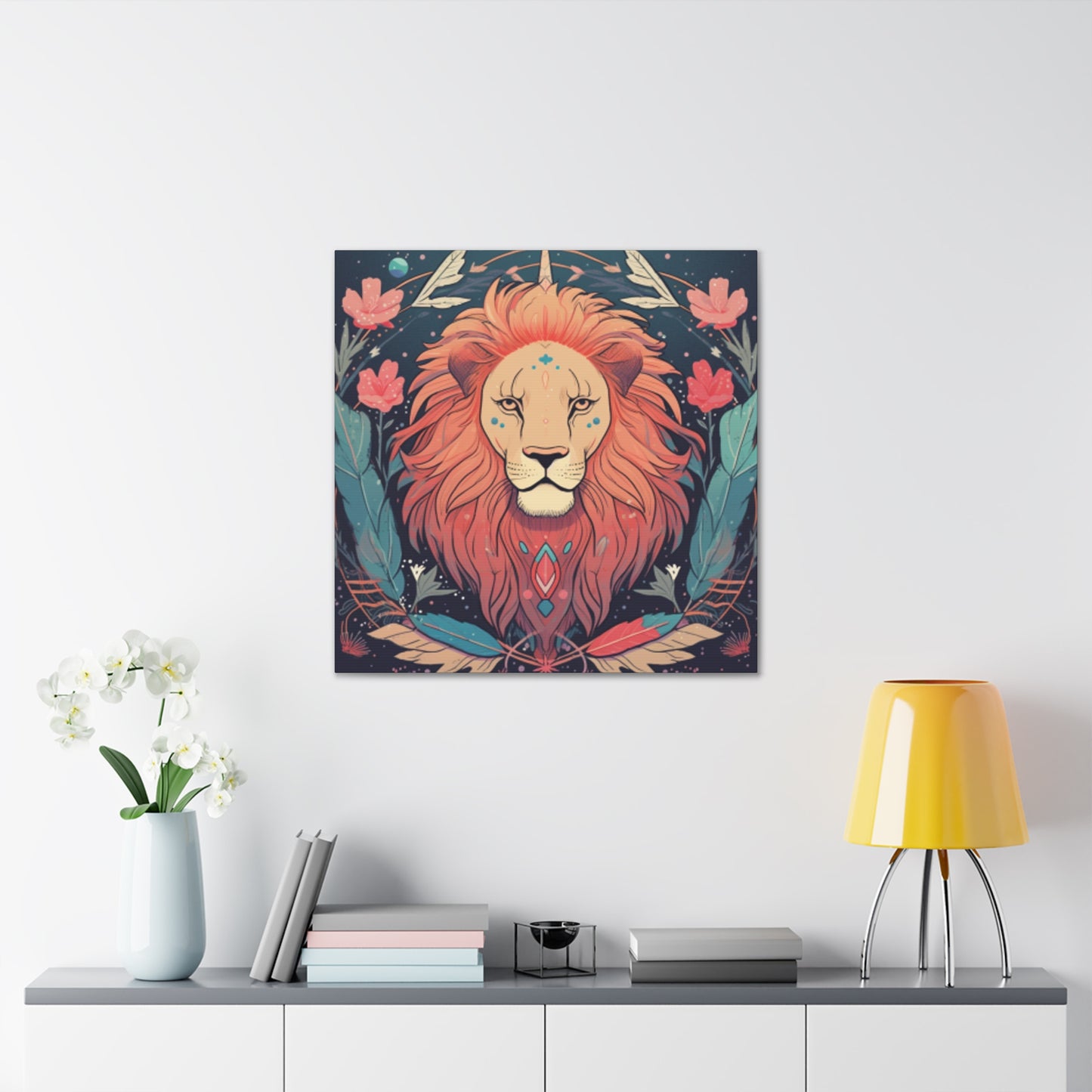 Lofi Style Leo With Flowers And Feathers - Large Wall Art