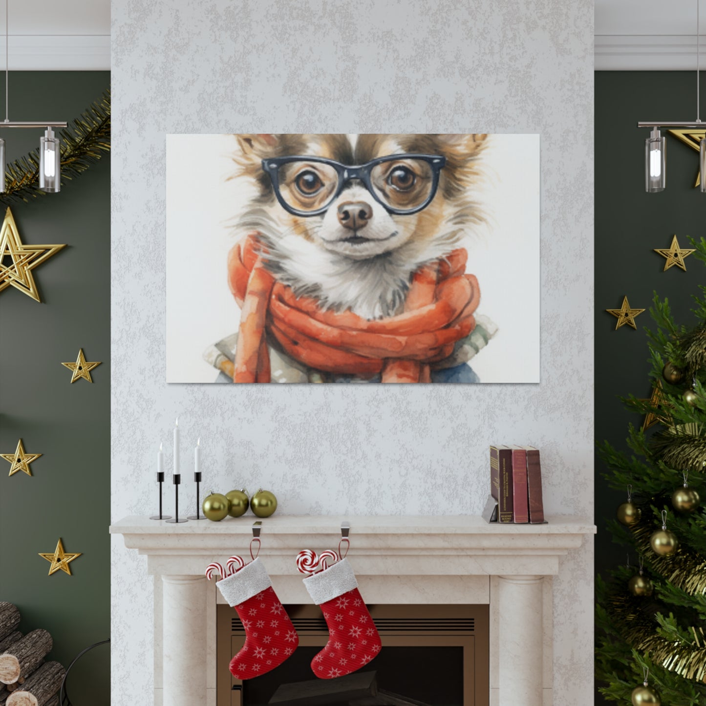 Fluffy Stylish Chihuahua With Glasses, Scarf And Denim - Large Wall Art