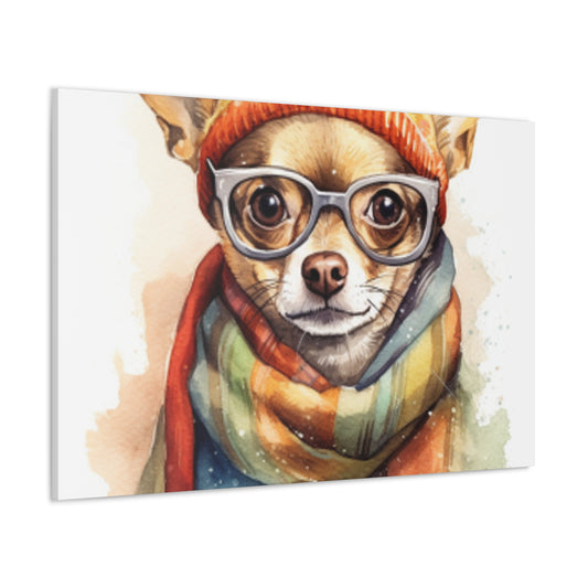 Chihuahua In Orange Beanie, Glasses And Scarf- Large Wall Art