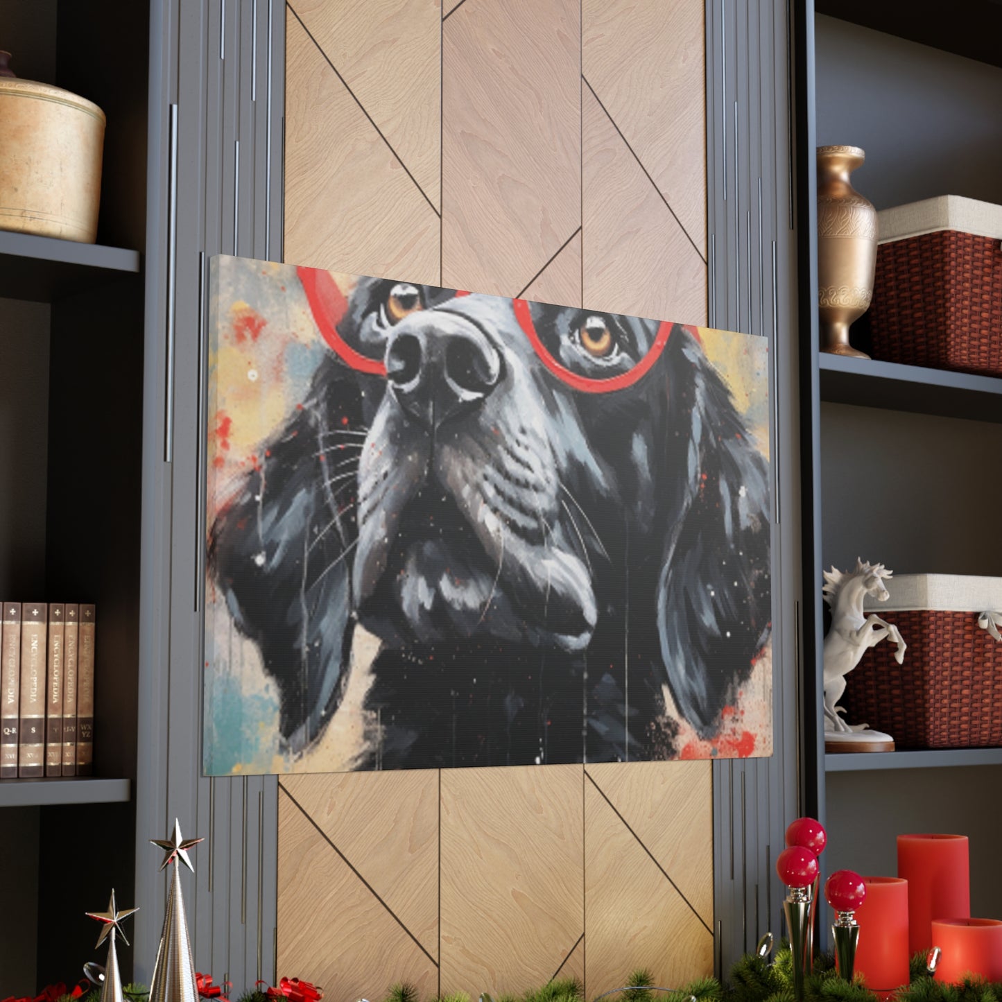 Black Dog In Red Glasses And Red Collar  - Large Wall Art