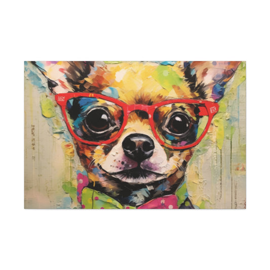 Nerdy Chihuahua In Red Glasses  And Yellow And Pink Bow Tie - Large Wall Art