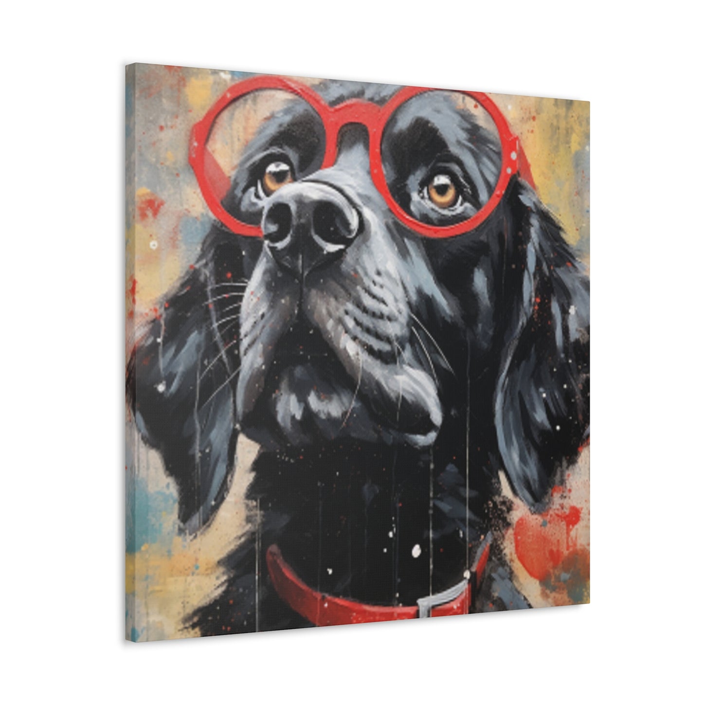 Black Dog In Red Glasses And Red Collar  - Large Wall Art