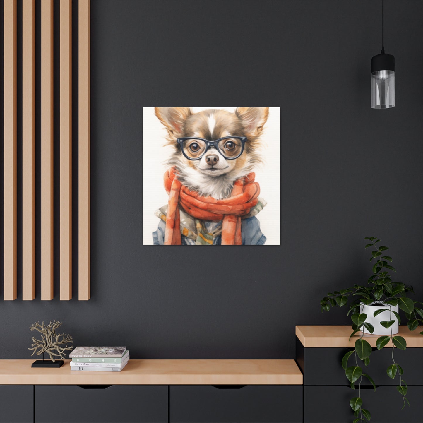 Fluffy Stylish Chihuahua With Glasses, Scarf And Denim - Large Wall Art