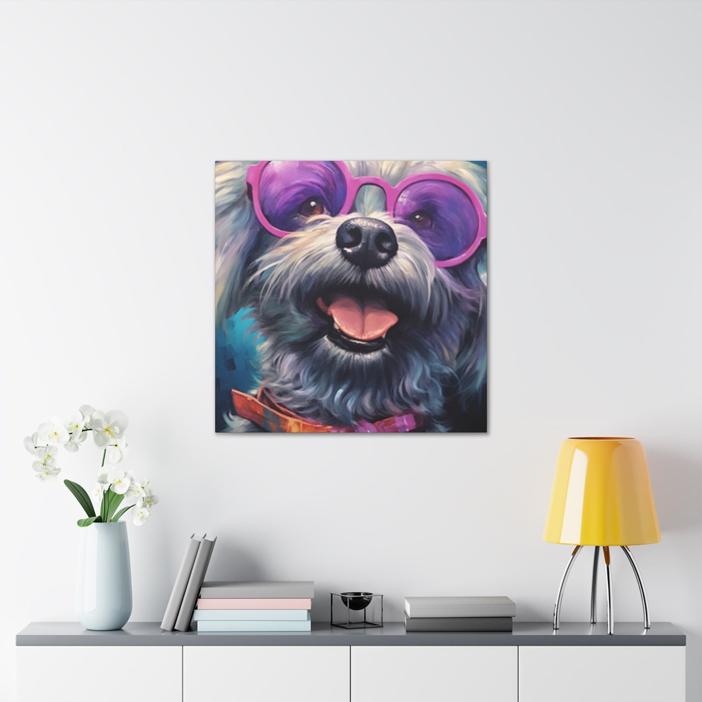 Happy Dog With Big Purple Glasses - Large Wall Art