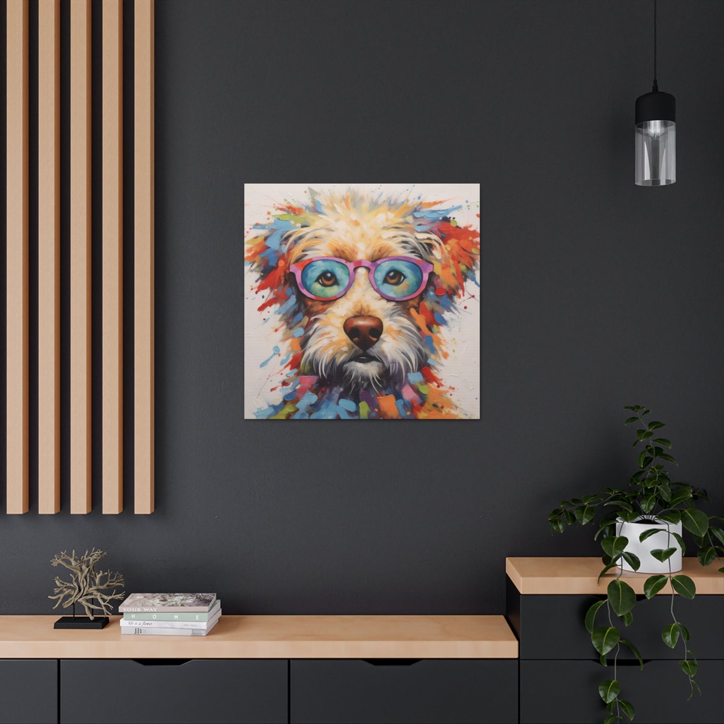 Smart Colorful Dog In Blue And Pink Glasses- Large Wall Art