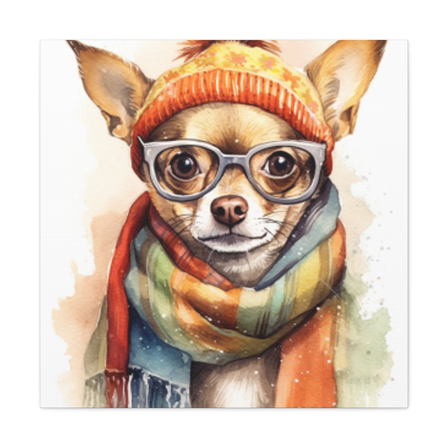 Chihuahua In Orange Beanie, Glasses And Scarf- Large Wall Art