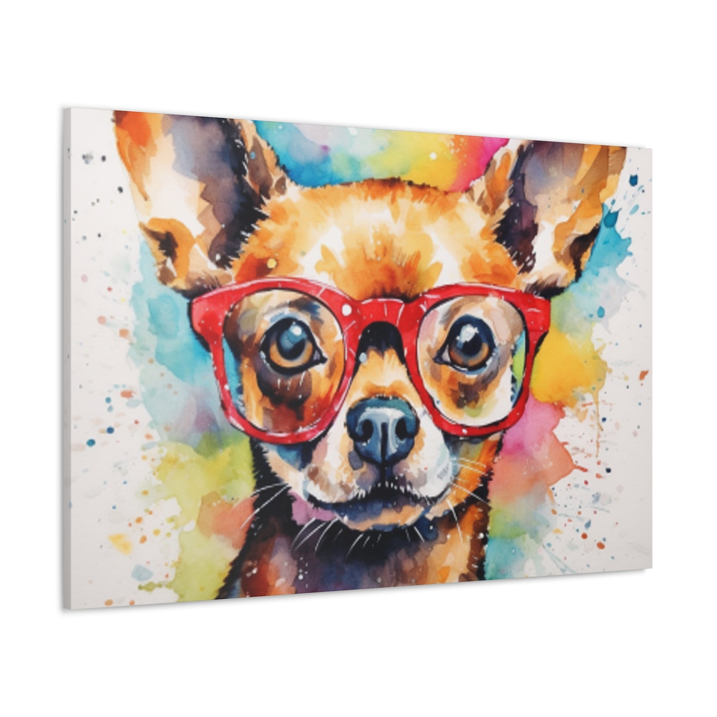 Painting Of A Brown Chihuahua In Glasses, Multi Colored Water Paint Background - Large Wall Art