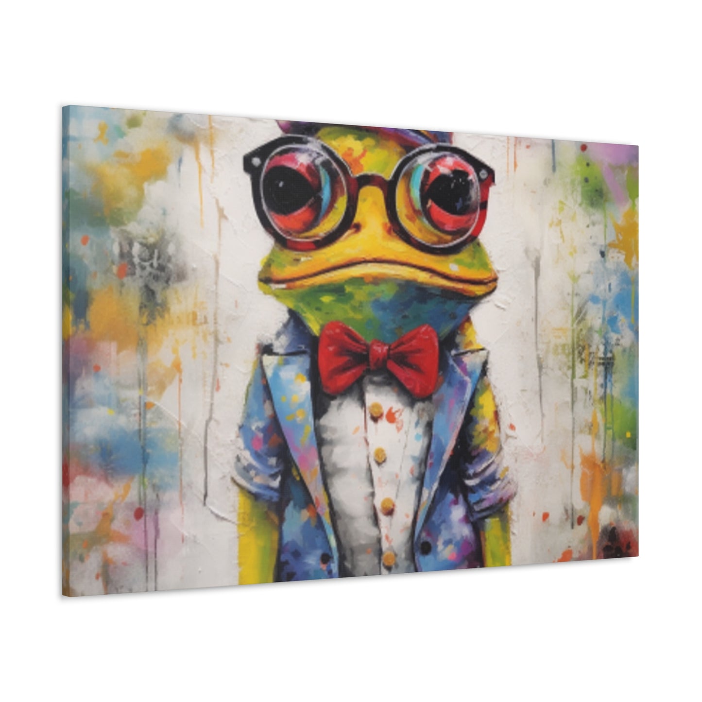 Green Frog Painting In Glasses And Red Bow Tie- Large Wall Art