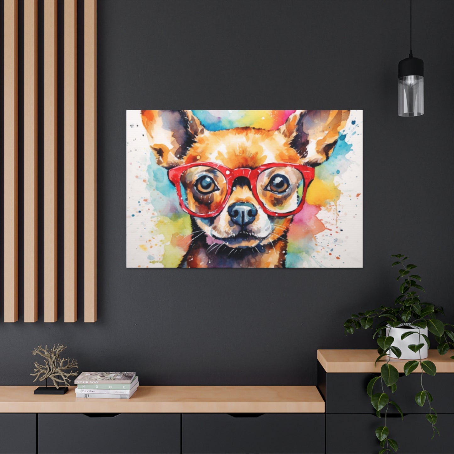 Painting Of A Brown Chihuahua In Glasses, Multi Colored Water Paint Background - Large Wall Art