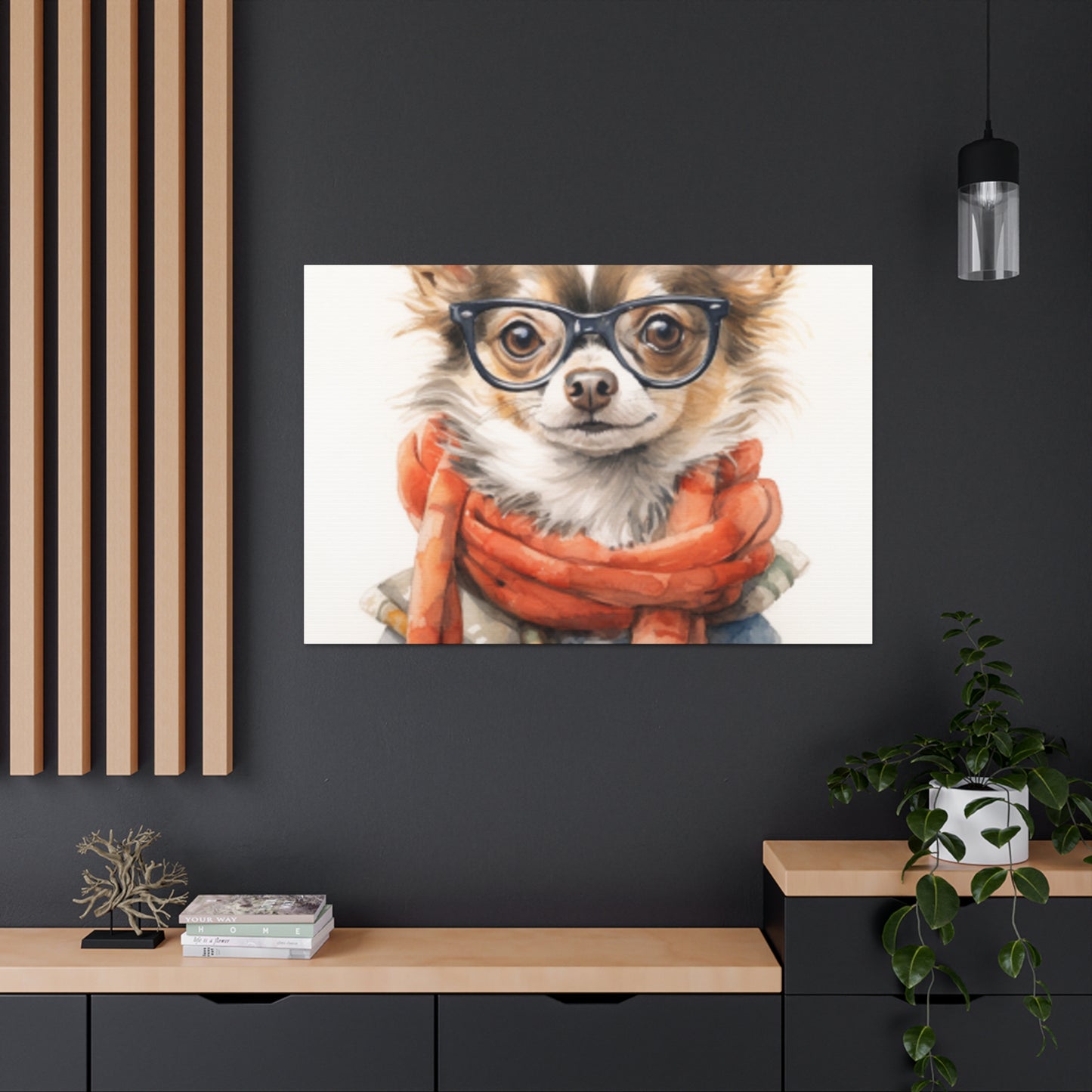 Fluffy Stylish Chihuahua With Glasses, Scarf And Denim - Large Wall Art