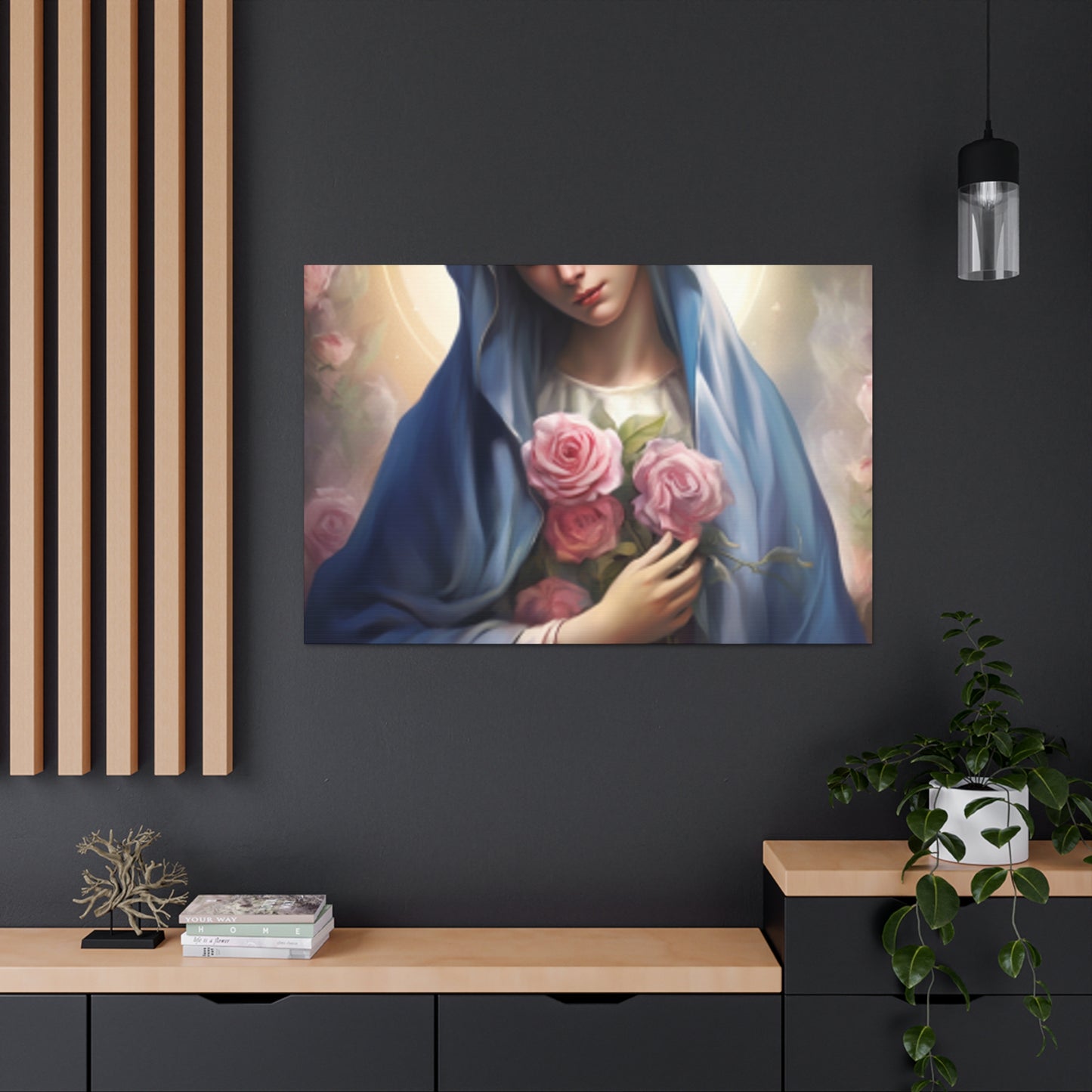 Heavenly Glow Around The Virgin Mary Holding Pink Roses - Large Wall Art