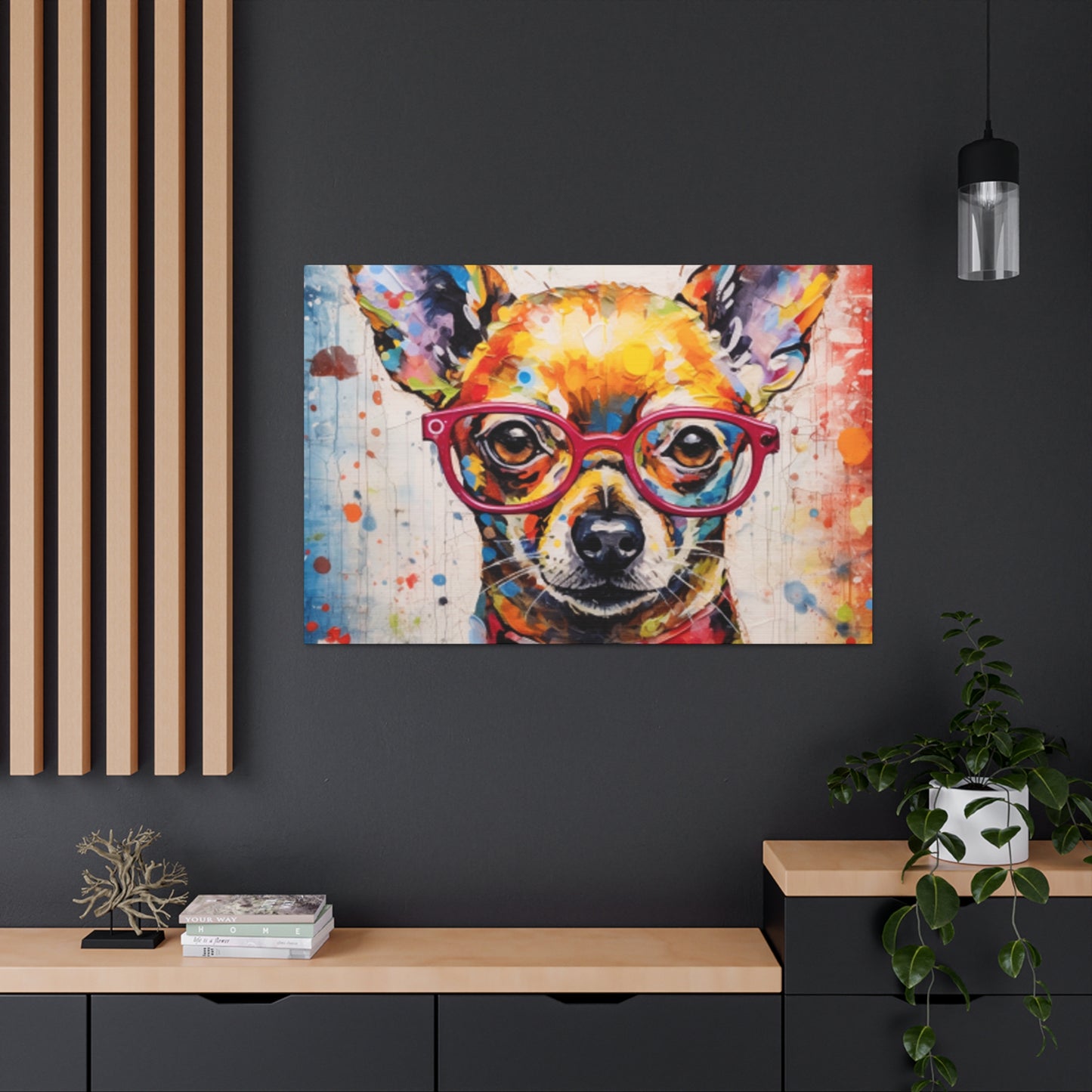 Painting Of A Chihuahua In Red Collar And Glasses With Multi Color Paint Spots - Large Wall Art
