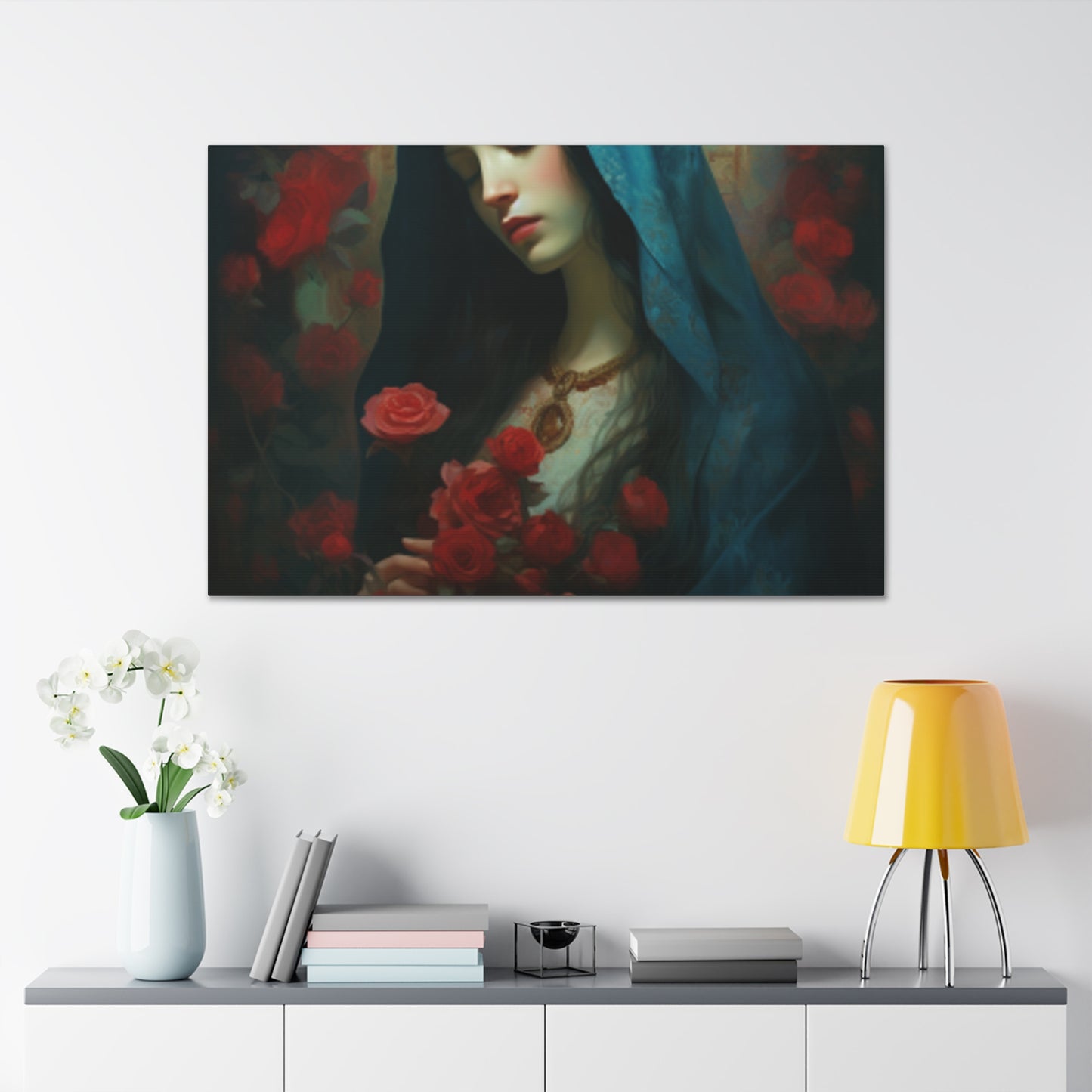 Peaceful Mother Mary And Red Roses- Large Wall Art