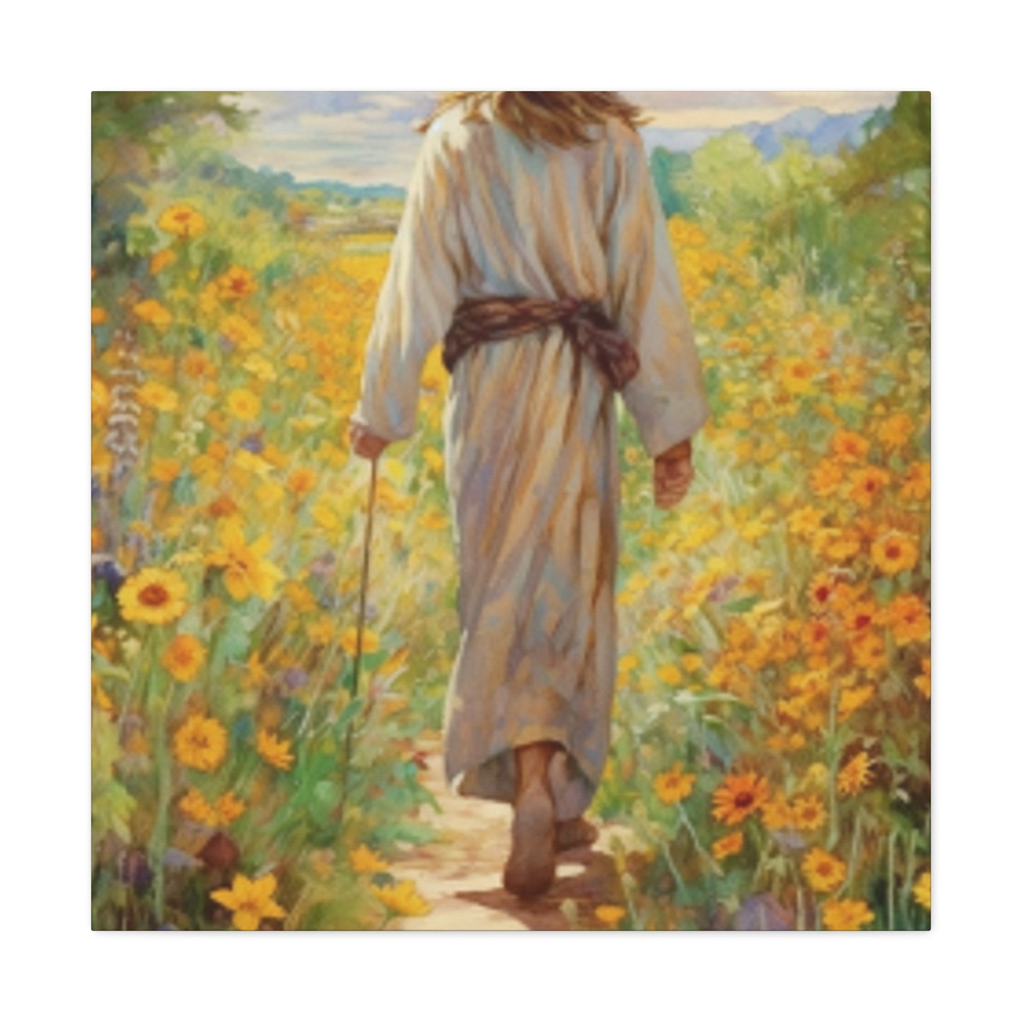 Walk With Jesus, A Dirt Path Through Yellow Flowers - Large Wall Art