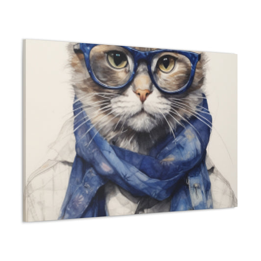 Gray Kitty, Blue Glasses And Scarf - Large Wall Art