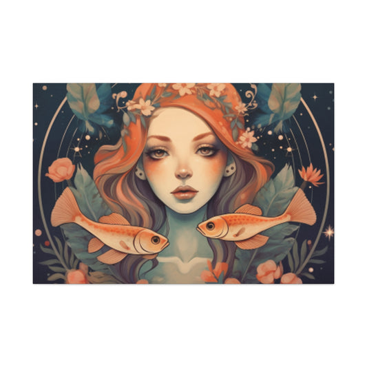 Peaceful, Lofi,  Pisces Fish Girl With Boho Flowers - Large Wall Art