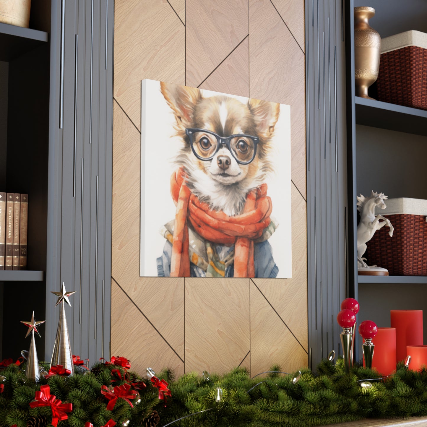 Fluffy Stylish Chihuahua With Glasses, Scarf And Denim - Large Wall Art